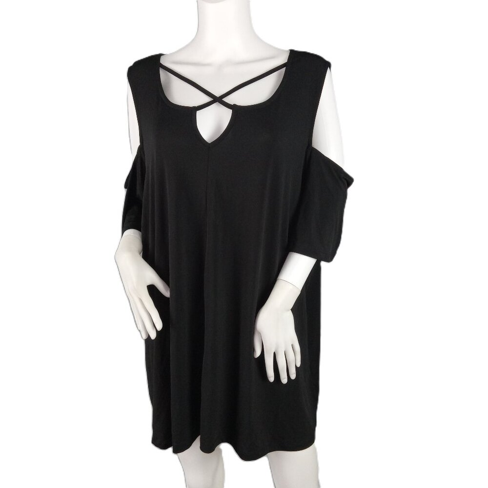 Avenue Women's Cage Front Cold Shoulder Top Size 26/28 Black Stretch Knit Tee